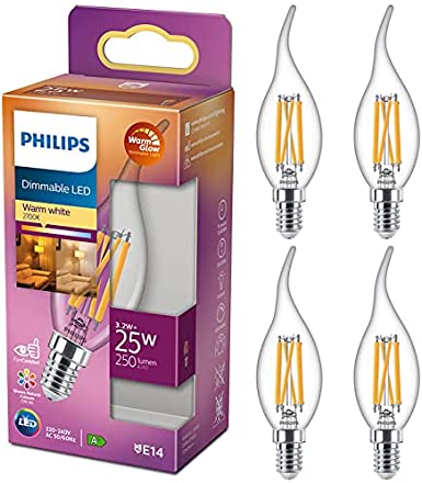 Philips Candle LED Flame Filament Light Bulb, E14 Small Edison Screw, 3.2W, Dimmable, 250 Lumens, 25W Halogen Equivalent, WarmGlow - 4 Pack