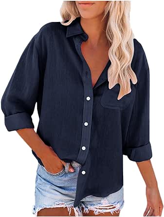 Linen Long Sleeve Shirt Women Button Down Shirts Business Casual Tops V Neck Tops for Trendy Dressy Blouse with Pocket