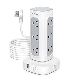 TROND Tower Power Strip Surge Protector - Power Strip with 4 USB Ports(2 USB C), 12 Widely Spaced Outlets, Ultra Thin Flat Plug 10ft Extension cord, 1700J, Home Office Supplies, Dorm Room Essentials