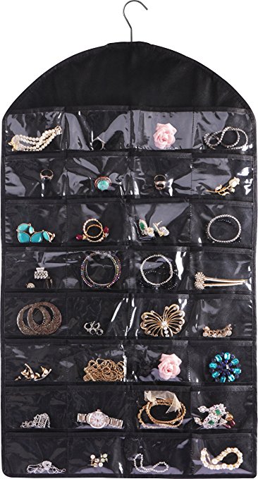 Hanging Jewellery Organizer with Dual Side - 32 Pockets and 18 Velcro Strap Loops - By Utopia Home