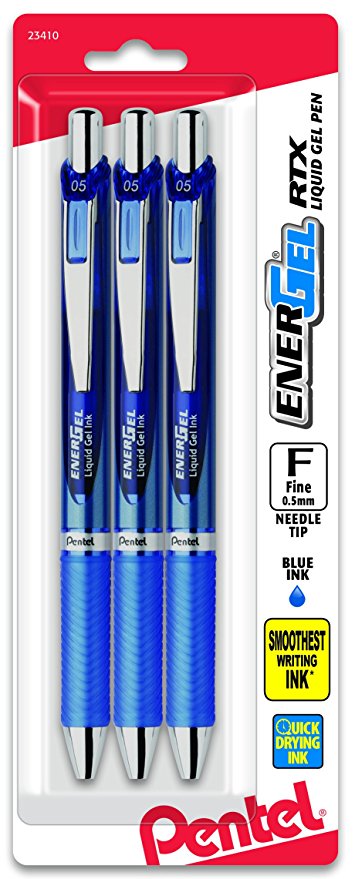 Pentel EnerGel Deluxe RTX Retractable Liquid Gel Pen, 0.5mm, Needle Tip, Blue Ink, 3 Pack (BLN75BP3C)