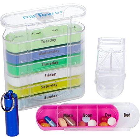 Pill Tower Stackable Organizer 7 Day, AM PM Medicine Box. Large Easy Open Weekly Prescription Medication Dispenser. Four Compartment Daily with Pill Cutter and Aluminum Travel Keyring Pill Fob