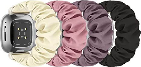 ShuYo Scrunchie Bands Compatible with Fitbit Sense/Sense 2 / Versa 3 / Versa 4 for Women,4 Pack Elastic Nylon Scrunchy Replacement Strap Soft Stretchy Wristband for Fitbit Versa 3 Smart Watch