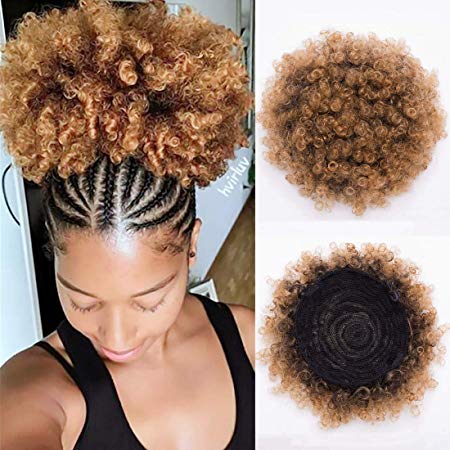 BEIRA Synthetic Afro Puff Drawstring Ponytail Short Kinky Curly Hair Bun Extension Donut Chignon Hairpieces Wig Updo Hair Extensions with Two Clips(1b/27#)