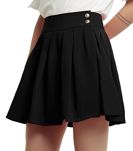 Chouyatou Women's Double Waist Side Buttons Pleated Skirt