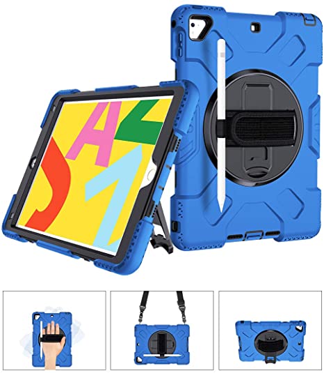Supfives Stock iPad 6th/5th Generation Case,Heavy Duty Protective 360 Rotatable Stand Adjustable Shoulder Strap,Hand Strap,Shockproof Case with Pencil Holder for Air 2 and Pro 9.7(Black Blue)