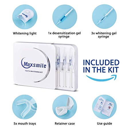 Maxsmile Teeth Whitening Kit for 2, LED Light, Carbamide Peroxide 35%, Gel Syringes (3 3ml), Remineralization Gel (1 3ml)