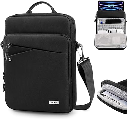 MoKo iPad Sleeve Tablet Bag - 12.9 Inch iPad Carrying Case, 360° Protective iPad Travel Case with Shoulder Strap, iPad Pro 12.9 M2 2022/2021/2020/2018, Galaxy Tab S9/S8 Plus 12.4" 2023/2022, Black