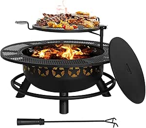 Hykolity 35 Inch Fire Pit with Cooking Grate and Charcoal Pan, Outdoor Wood Burning BBQ Grill Firepit Bowl with Cover Lid and Fire Poker, Steel Round Table for Backyard Bonfire Picnic Patio