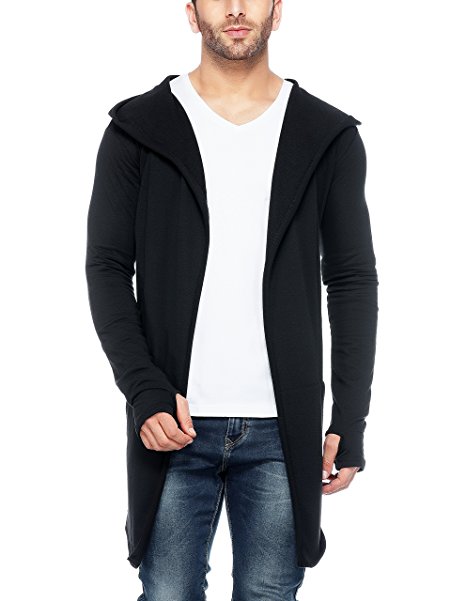 Tinted Men's Cotton Blend Hooded Long Line Cardigan With Thumb Insert