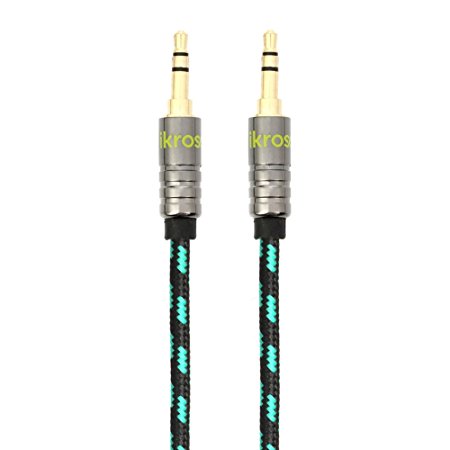 iKross 10 Feet 3.5mm Jack Braided Sleeve jacket Stereo Auxiliary Aux Audio Cable - Black / Green for iPhone, iPod, Smartphone, Tablets and MP3 Players