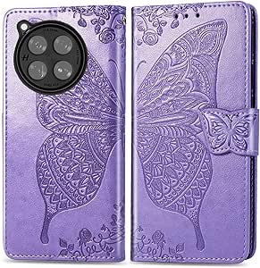 OnePlus 12R 5G Leather Wallet Case, Butterfly Embossed Flowers, Light Purple, Card Holder, Hand Strap