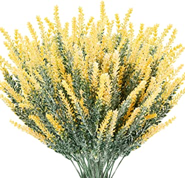 TENCHY Artificial Lavender Fake Flowers, 6 Bundles Yellow Lifelike Faux Foliage Plants Shrubs for Wedding Bouquets, Outside Hanging Planter, Farmhouse Indoor Outdoor Patio Home Decor