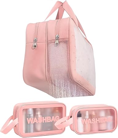 Koalad 3pcs Makeup Bag Travel Cosmetic Bag Toiletry Bag Matte Translucent Waterproof Breathability Dry Wet Separation Zipper Pouch Cosmetic Organizer for Women(Rose Gold)