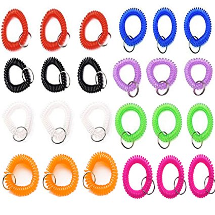 Glittermall Pack of 24pcs 8 Different Color Stretchable Plastic Bracelet Wrist Coil Wrist band Key Ring Chain Holder Tag