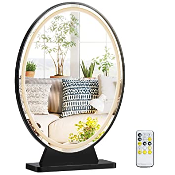 Tangkula Vanity Makeup Mirror with Lights, Round HD Lighted Mirror w/Remote Control, 4 Colors Lighting Modes, Adjustable Brightness, Detachable Tabletop Cosmetic Mirror (Black)