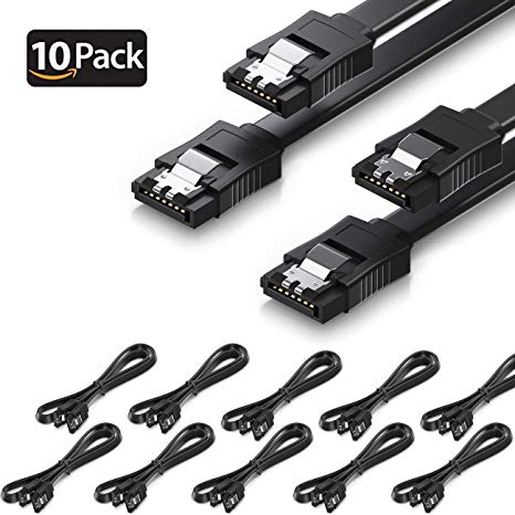 10 Pack 16 Inch SATA III 6.0 Gbps Cable with Locking Latch, Black