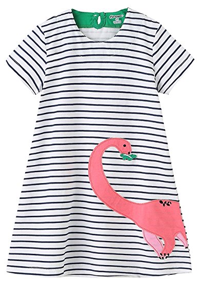 Fiream Girls Cotton Striped Dresses Shortsleeve Animal Appliques T-Shirt Casual Dresses 2-7T