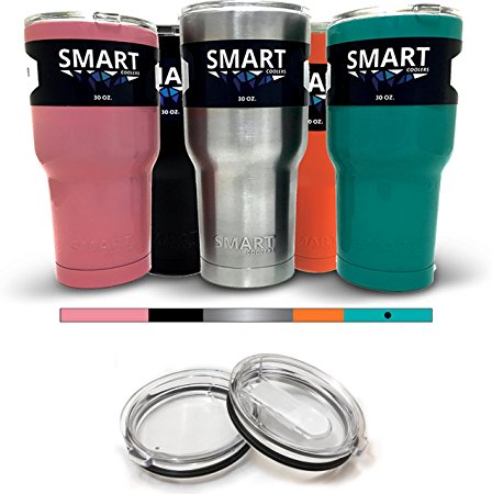 Tumbler 30 Oz Color - Smart Coolers - Double Wall Stainless Steel Travel Cup - Premium Insulated Mug Keep Coffee and Ice Tea - Powder Coated - 2 Lids (Sliding & Clear) - Turquoise