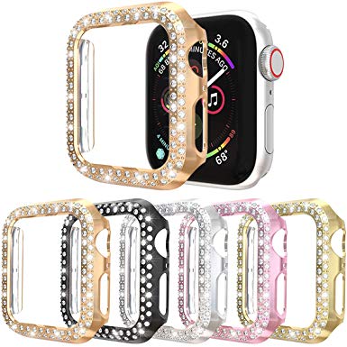 [5-Pack] Protector Case Compatible with Apple Watch Series 3 Series 2 Series 1 38mm Cover, Double Row Bling Crystal Diamonds Protective Cover PC Plated Bumper Frame Accessories (5 Colors, 38mm)
