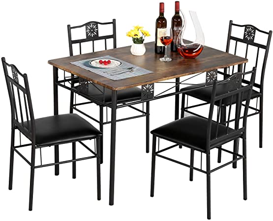 VECELO Dining Table Set with 4 Chairs, Retro Brown