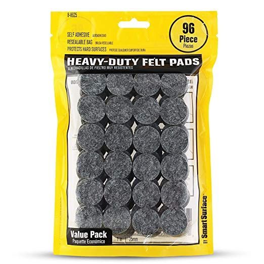 Smart Surface 8625 Heavy Duty Self Adhesive Furniture Felt Pads 1-Inch Round Gray 96-Piece Value Pack in Resealable Bag