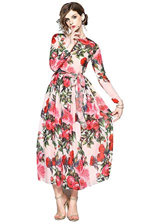 Women's Round Neck Long Sleeve Floral Print A-Line Boho Maxi Long Party Dress