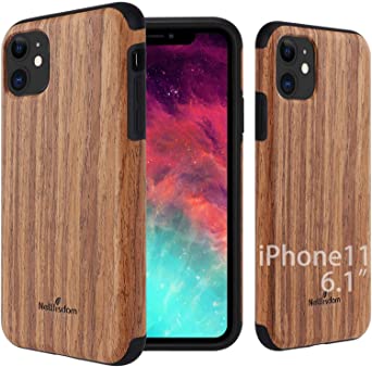 NeWisdom iPhone 11 Wood Case 6.1 inch Wooden Design, Unique Wood Shockproof Protection No Slip Soft with TPU Bumper (Sandalwood)