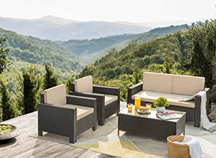 Flamaker 4 Pieces Patio Furniture Set Outdoor Furniture Set Rattan Conversation Sofa Set with Coffee Table for Garden Poolside Porch Backyard Lawn Balcony Use (Black)