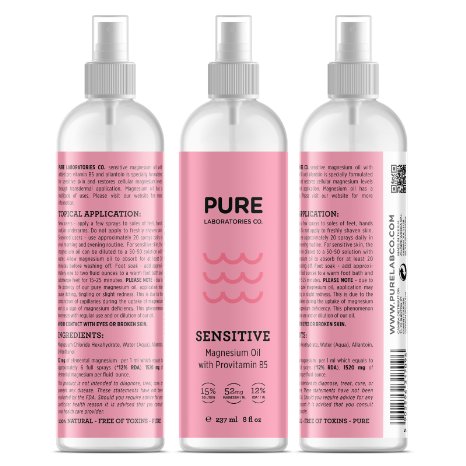 Purelux Transdermal Magnesium Oil Spray with Provitamin B5 for Sensitive Skin, 52mg/1ml (8 fl.oz.)