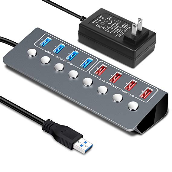 Powered USB 3.0 Hub, Aluminum 8 Port USB Extend Hub with 12V/4A Power Adapter USB 3.0 Port Splitter with Individual Switch