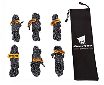 GEERTOP 4mm Reflective Tent Guide Rope Guy Line Cord with Aluminum Adjuster - 13 Feet 6 pack