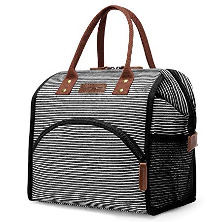 UtoteBag Lunch Bag Insulated Lunch Box Cooler Bag Wide-Open Lunch Tote Bag Thermal Lunch Bags Canvas Snacks Organizer for Women Men Adults Work (Black and White Stripes)