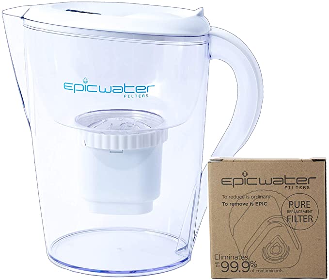 Epic Pure | Water Filter Pitchers Plus Extra Filter for Drinking Water | 10 Cup | 2 x 150 Gallon Long Last Filters | Removes Fluoride, Chlorine, Lead | Water Purification | Water Filter Pitcher Large