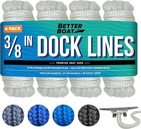 Dock Lines Boat Ropes for Docking 3/8" Line Double Braided Mooring Marine Rope 15FT Nylon Rope Boat Dock Line for Docking Ropes for Boats with Loop Boating Rope Braided 15' Feet Ties White 4 Pack