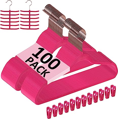 VECELO Premium Velvet Clothes Hangers Suit Heavy Duty (100 Pack)-Non Slip & Space-Saving with 12 Finger Clips & 2Tie Rack Excellent for Men and Women,Rose