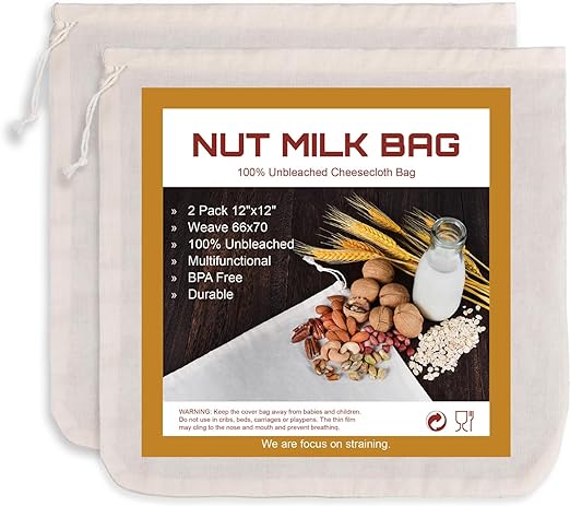 Nut Milk Bag, SANTOW Natural Cheesecloth Bag, 2 Pack 12"x12" 100% Unbleached Cotton Cloth Bag Drawstring Filter for Cheese, Yogurt, Juice, Wine, Cold Brew Coffee and Vegan Milk, Almond Milk Strainer