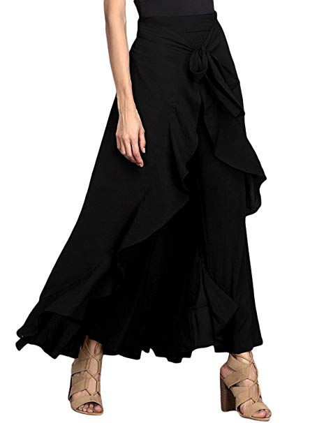 Asvivid Women's High Split Tie-Waist Ruffle Long Loose Palazzo Pants Overlay Skirt