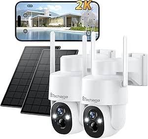 Solar Security Camera Wireless Outdoor, 2K WiFi Cameras for Home Security, 360° PTZ Surveillance Camera with PIR, Color Night Vision, 2-Way Talk, IP66 Waterproof, SD/Cloud, Work with Alexa (2 Pack)