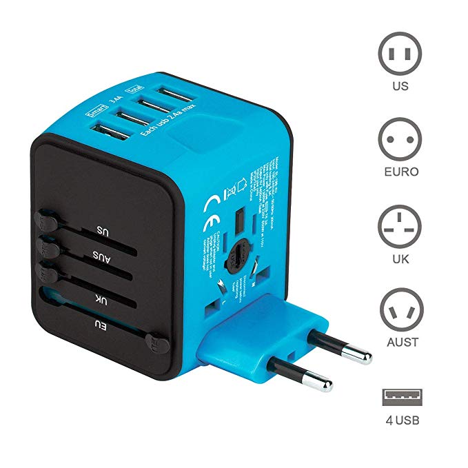 International Travel Adapter, YVELINES All-in-One Universal Travel Charger Power Adapter with 4 USB AC Socket Worldwide Wall Charger Plugs Adapter for UK, US, AU, EU, Asia-Blue