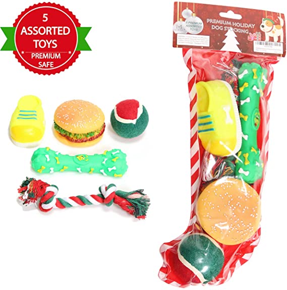 MOMONI Premium 5 Piece Dog Christmas Stocking Set with Dog Toys Assorted Squeaky Toys of Dog Boot Toy and Bone, Knotted Rope Toy, Dog Squeaky Ball Perfect for Christmas Stockings for Dogs
