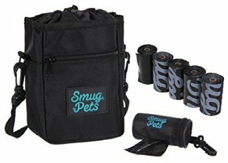 SmugPets Premium Dog Walking Treat Bag with an Adjustable Belt (50 Inches), 75 Extra Thick Dog Poo Bags / Dog Waste Bags (5 Rolls) and a Clip on Dog Waste Bag Dispenser, Black