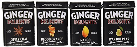 Big Sky Ginger Delights - Spiced Chai, Blood Orange, Mango, and D'Anjou Pear - Variety 4 Pack - Naturally Flavored Ginger Mints in Resealable Metal Tin