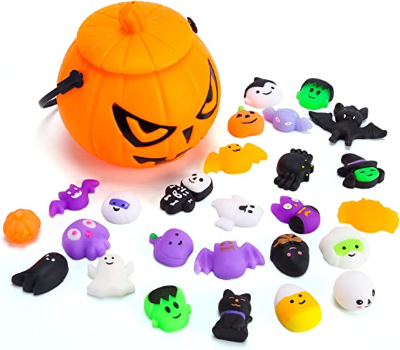 30pcs Halloween Squishy Toys with Pumpkin Bucket, Kawaii Squishies Halloween Party Favors for Kids Adults, Mini Squishies for Boys & Girls Halloween Treat Bags Gifts