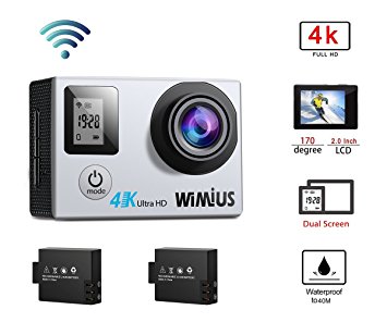 WIMIUS 4K WIFI Action Camera Dual Screen Waterproof Sports Camera 16MP 170° Wide Angle Waterproof Case,2PCS Batteries And 20 Extra Kits Included (Q4 Silver)