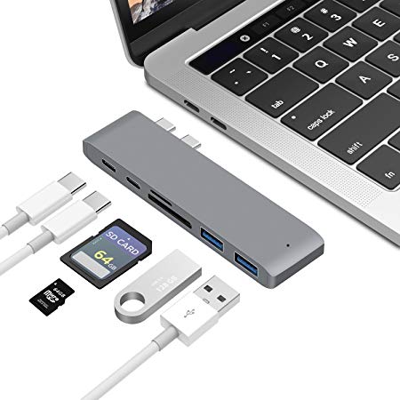 SUKRAGRAHA USB C Hub Adapter Aluminum Type-C Dongle 40Gbs Thunderbolt 3 Data Transfer SD Micro Card Reader 2 USB 3.0 Ports Compatible with 2016 2017 2018 MacBook Pro 13 15 inch (Grey)