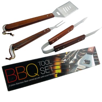 3 Pieces Stainless Steel BBQ Tool Set With Wood Handles