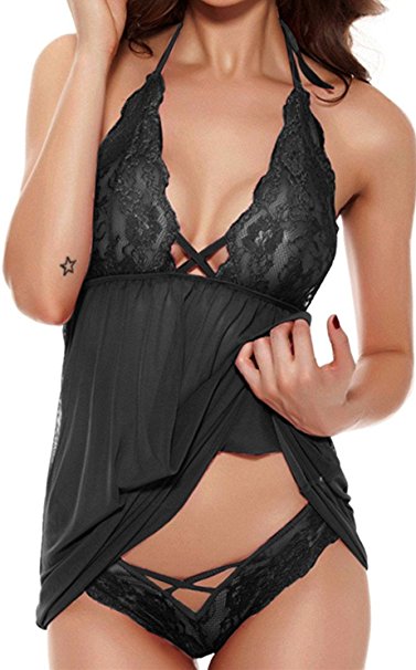 TGD Women's Sexy Lingerie Chemise Mesh Babydoll Lace Triangle Cups Pajama Sets