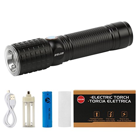 Zglon Brightest Portable LED Tactical Flashlights Zoomable Focus 7 Modes Water Resistant Outdoor Torch with USB Charging Cable, Rechargeable 18650 Battery - For Cycling Hiking Camping Emergency