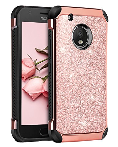 Moto E4 Case, BENTOBEN Luxury Sleek Bling Glitter Sparkly Cute Shiny Shockproof Slim 2 in 1 Soft TPU Bumper Hybrid Hard PC with PU Faux Leather Protective Phone Cover for Motorola Moto E4, Rose Gold